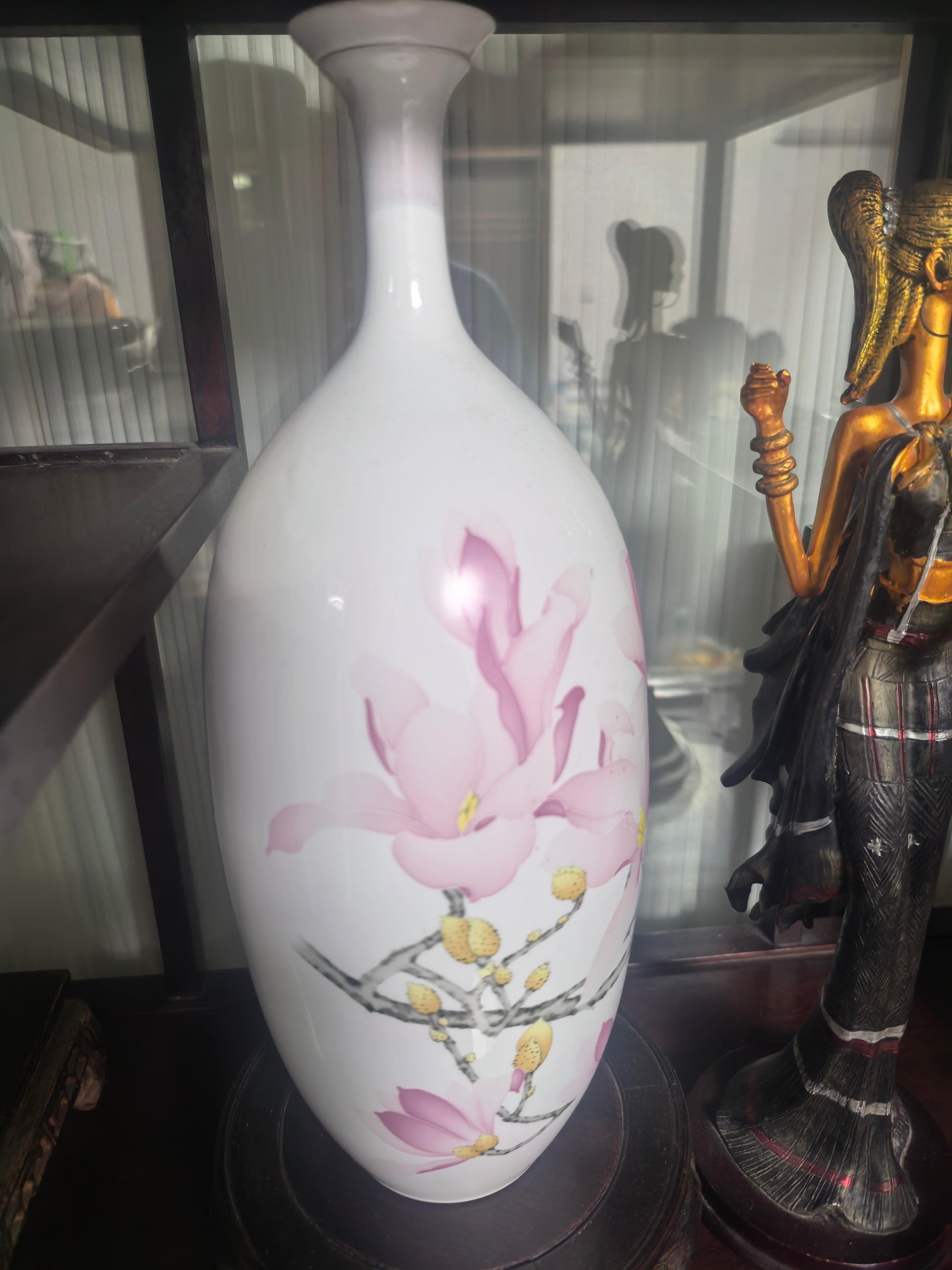 Hand-Painted Pink Magnolia Oriental White Porcelain Tall Vase | Chinese Floral Ceramic Table Decor