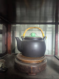 Handmade Black Clay Teapot with Natural Bamboo Swing Handle, Oriental Tea Ceremony Kettle