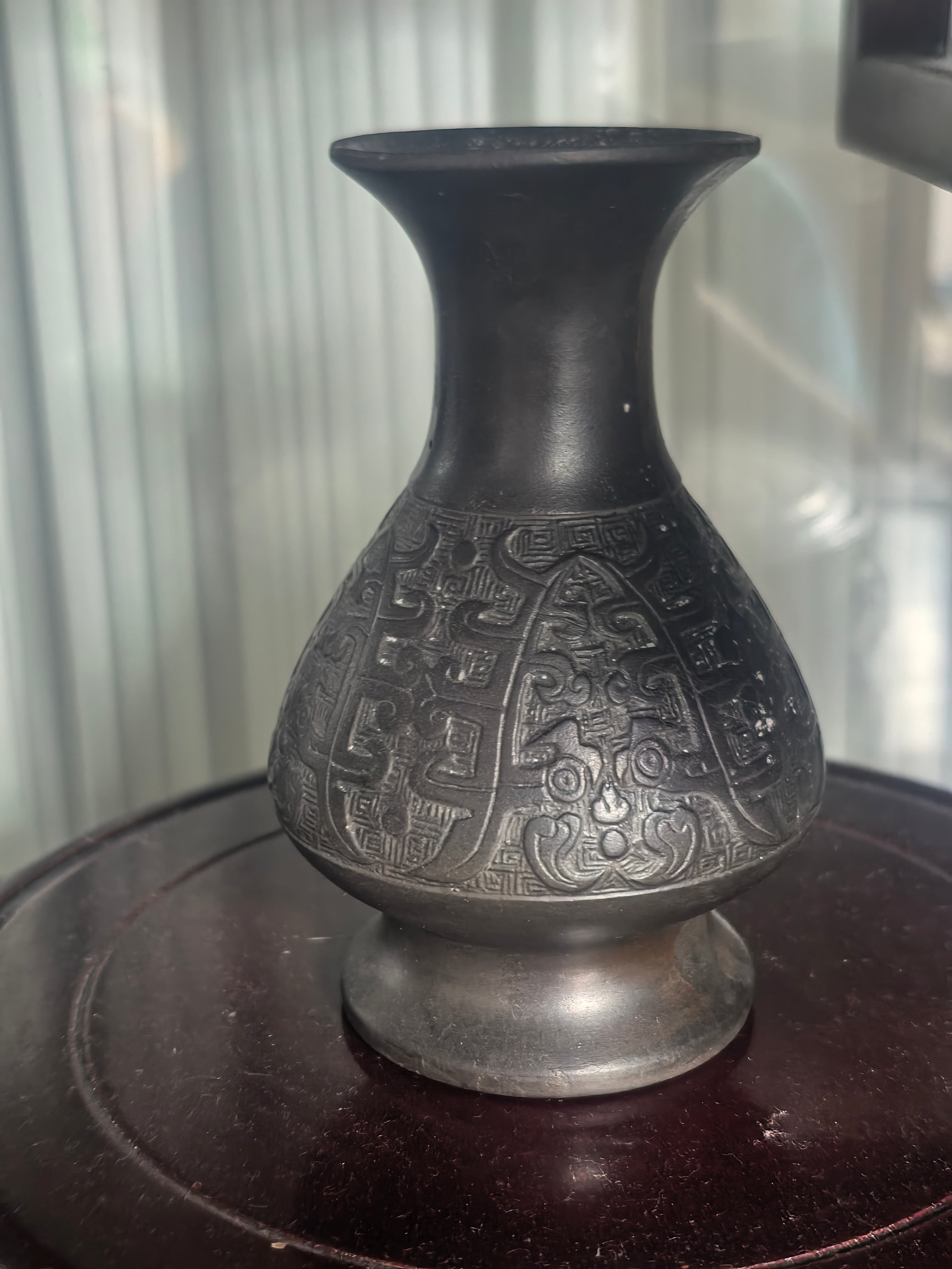 Archaic Bronze Pattern Carved Black Ceramic Vase, Chinese Antique Ritual Ornament